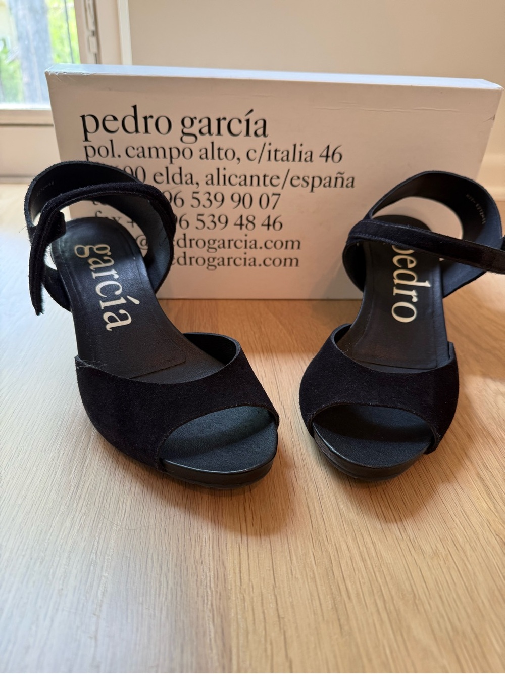 Pedro García Black Suede Peep-Toe Ankle Strap Platform Heels